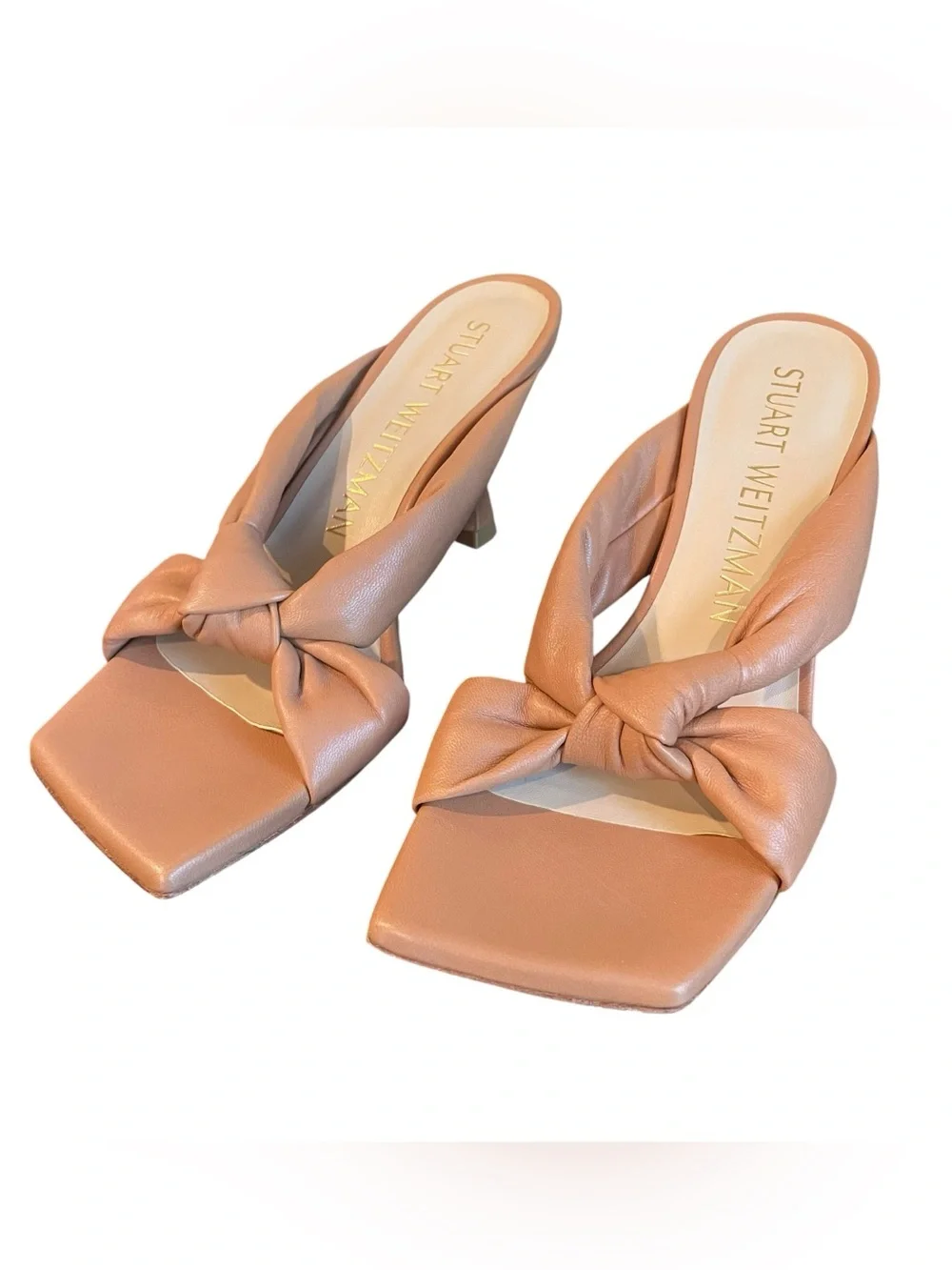 Stuart Weitzman Playa 75 Knot Leather Sandals Tan Square Toe Heels Women Size 7